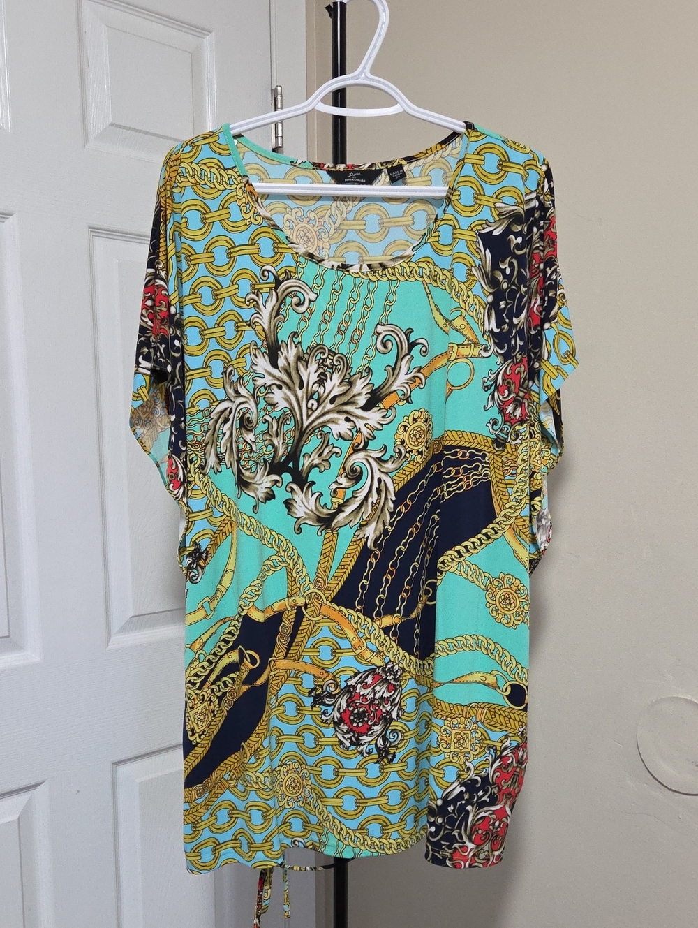 Nina Leonard Plus Size Turquoise Baroque Chain Print Short Sleeve Tunic